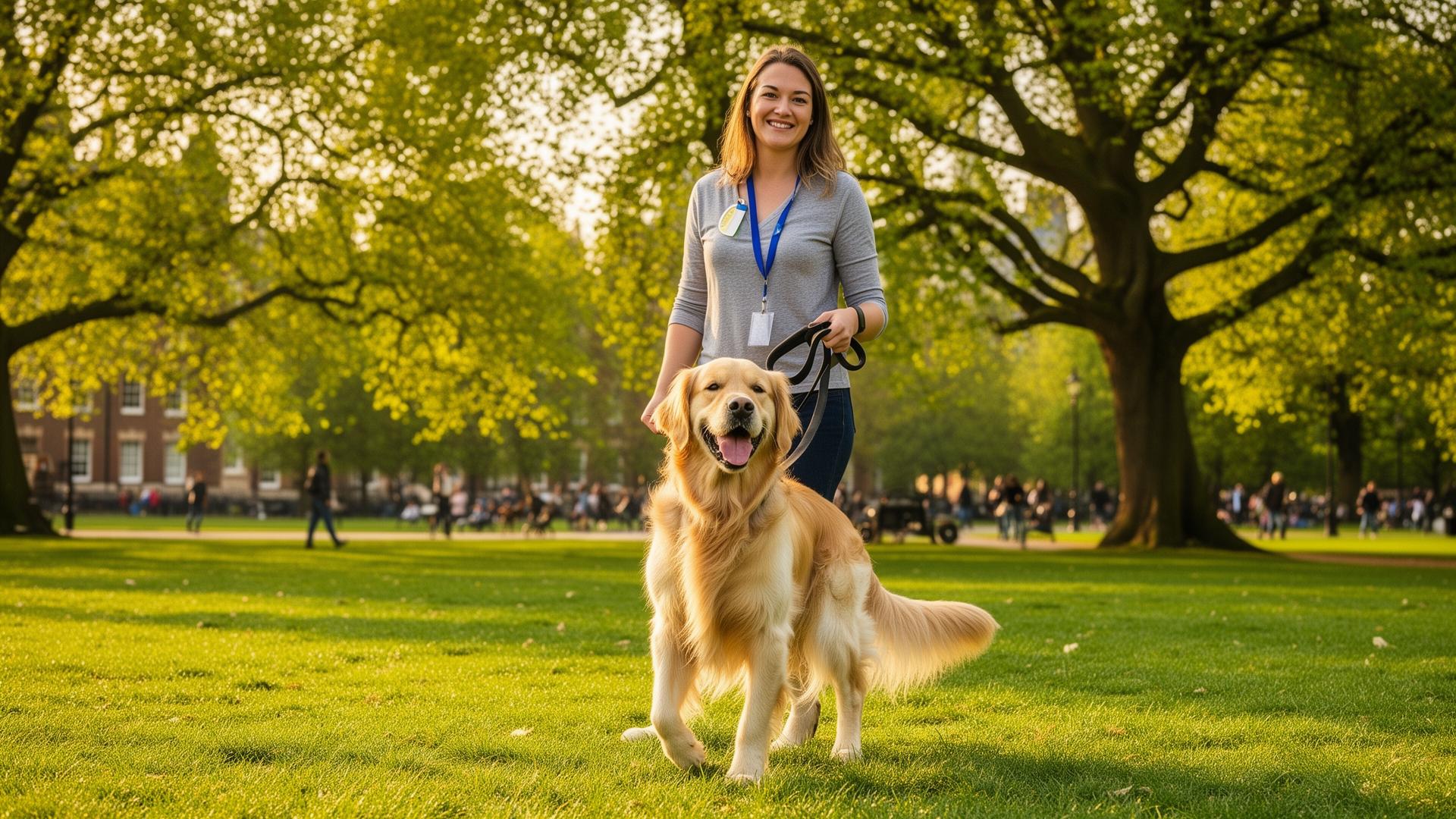 Professional dog walker with dogs in a park